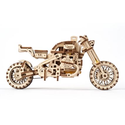 Ugears - 3D dřevěné mechanické puzzle Motorka scrambler s vozíkem
