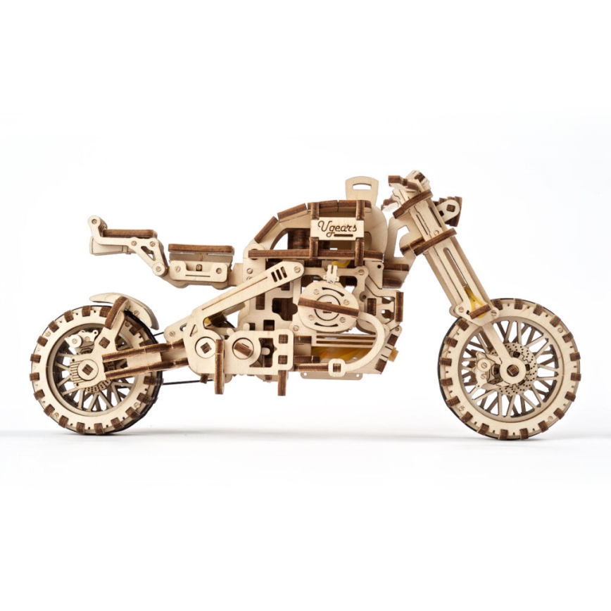 Ugears - 3D dřevěné mechanické puzzle Motorka scrambler s vozíkem