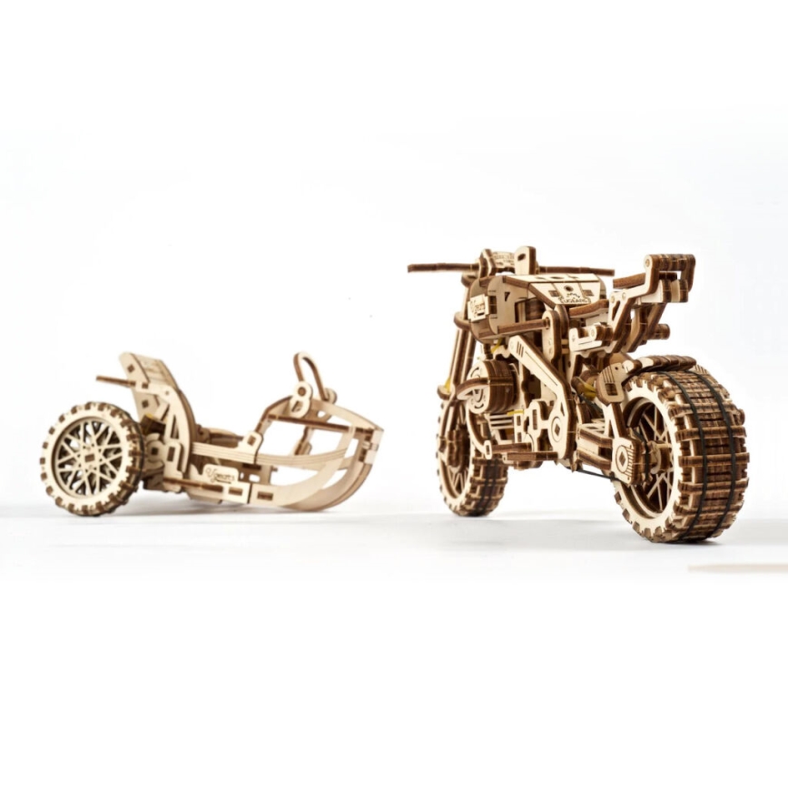 Ugears - 3D dřevěné mechanické puzzle Motorka scrambler s vozíkem