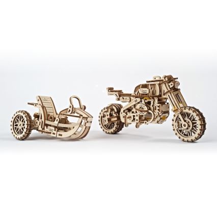 Ugears - 3D dřevěné mechanické puzzle Motorka scrambler s vozíkem