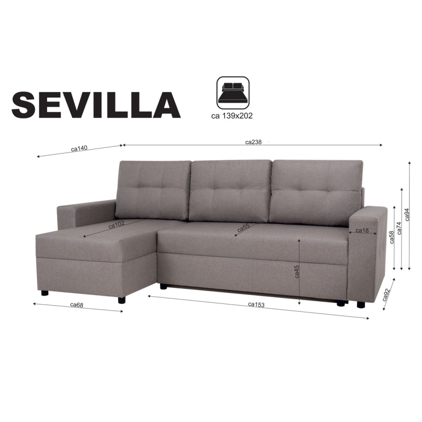 Univerzální rohová sedací souprava s funkcí spaní a úložným prostorem SEVILLA šedá