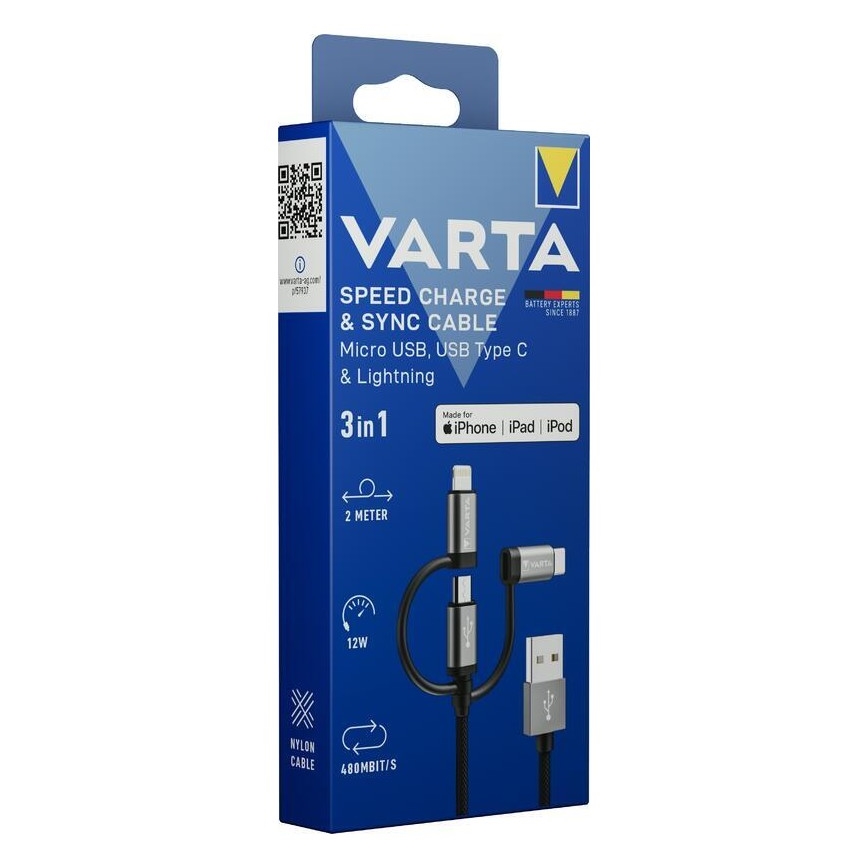Varta 57937101111 - USB kabel 3v1 s konektorem Lightning a Micro USB 2m