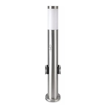 Venkovní lampa se senzorem + 2 zásuvkami SCHUKO 1xE27/60W/230V IP44 60cm matný chrom