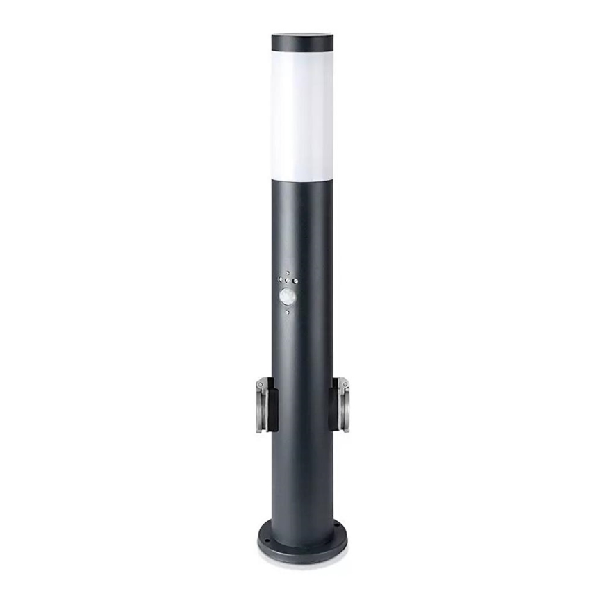 Venkovní lampa se senzorem a 2 zásuvkami SCHUKO 1xE27/60W/230V IP44 60cm černá