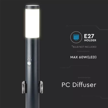Venkovní lampa se senzorem a 2 zásuvkami SCHUKO 1xE27/60W/230V IP44 60cm černá
