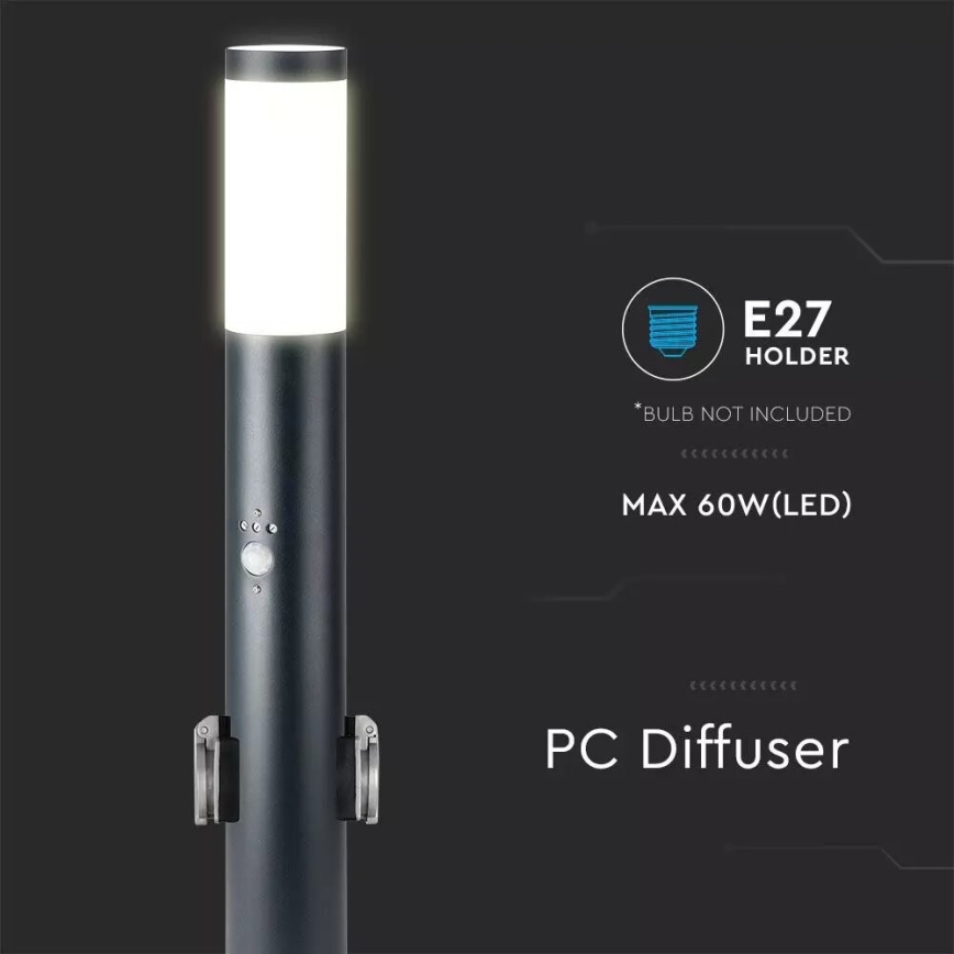 Venkovní lampa se senzorem a 2 zásuvkami SCHUKO 1xE27/60W/230V IP44 60cm černá