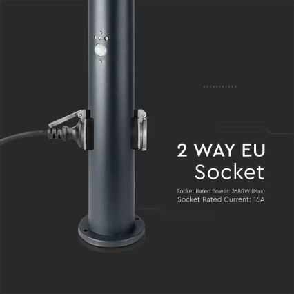 Venkovní lampa se senzorem a 2 zásuvkami SCHUKO 1xE27/60W/230V IP44 60cm černá