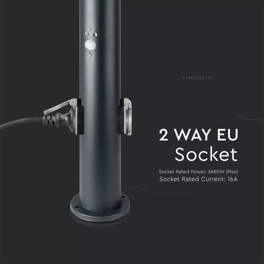 Venkovní lampa se senzorem a 2 zásuvkami SCHUKO 1xE27/60W/230V IP44 60cm černá