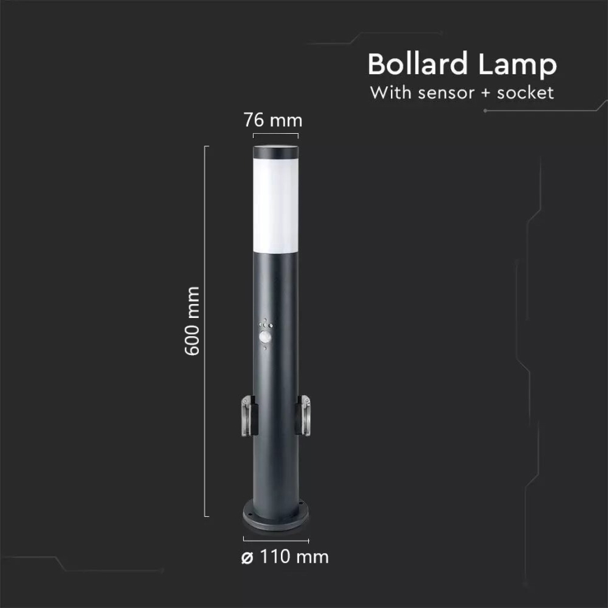 Venkovní lampa se senzorem a 2 zásuvkami SCHUKO 1xE27/60W/230V IP44 60cm černá