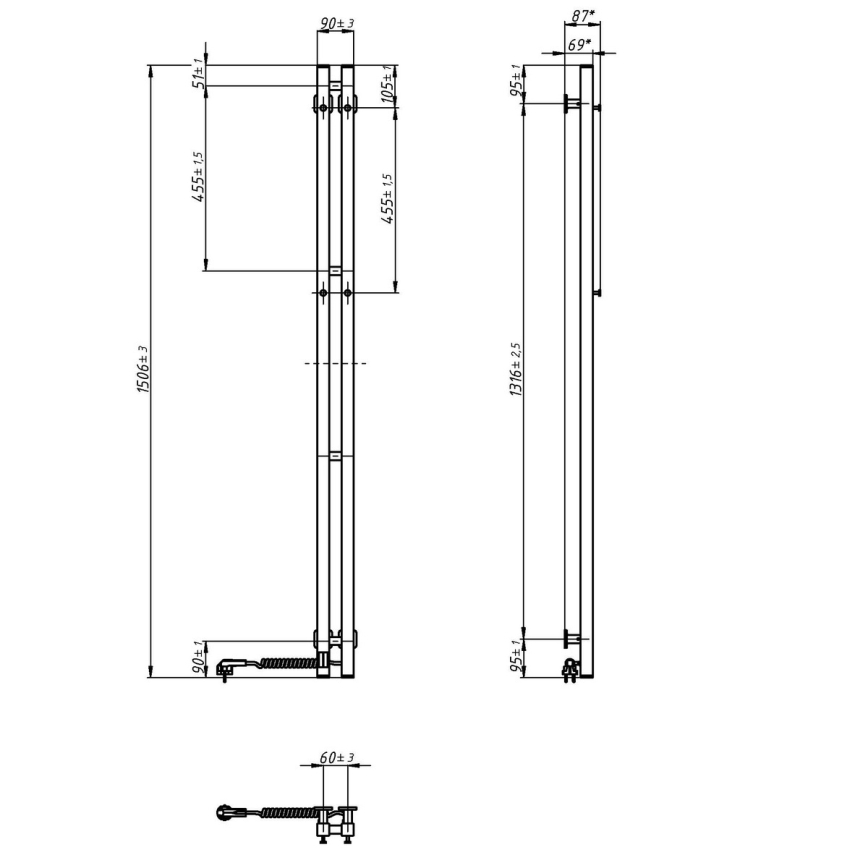 Vertaduro - Elektrický sušák na ručníky s termostatem VEO 106W/230V 150x9 cm IP44 bílá pravá