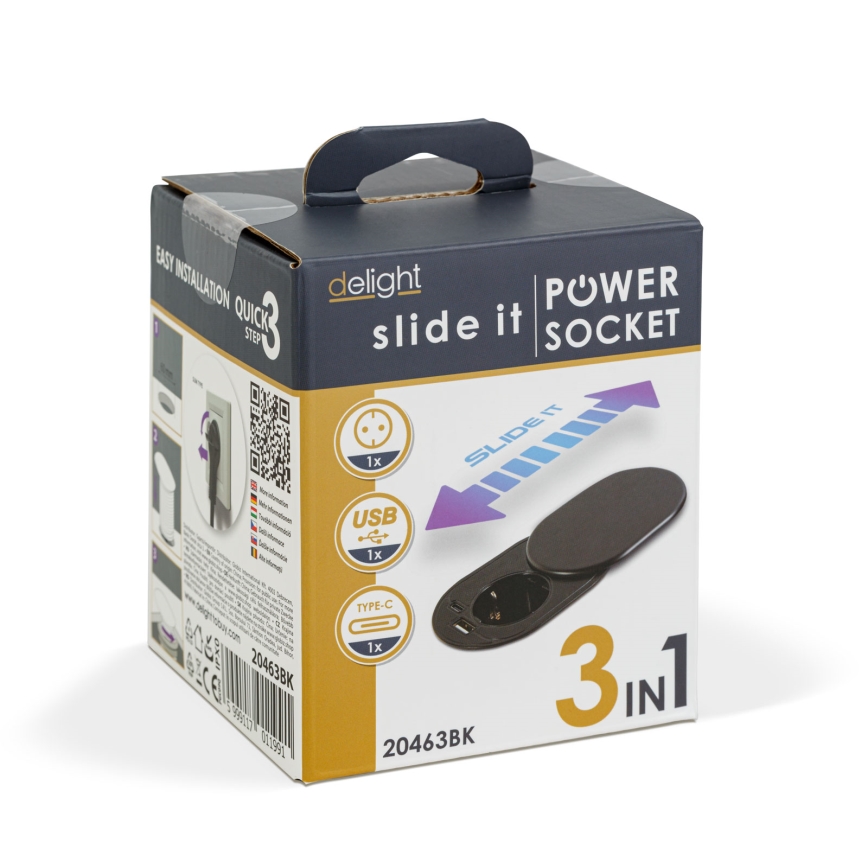 Vestavná zásuvka s posuvným víčkem 1Z + USB-C + USB-A černá