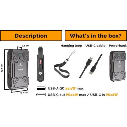 Viking - Power Bank s LED svítilnou, bezdrátovým nabíjením a solárním panelem Power Delivery 22,5W/10000 mAh