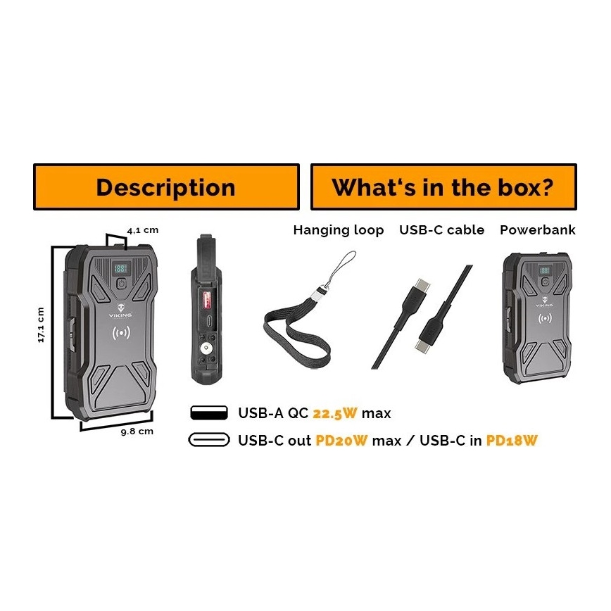 Viking - Power Bank s LED svítilnou, bezdrátovým nabíjením a solárním panelem Power Delivery 22,5W/10000 mAh