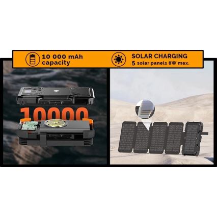 Viking - Power Bank s LED svítilnou, bezdrátovým nabíjením a solárním panelem Power Delivery 22,5W/10000 mAh