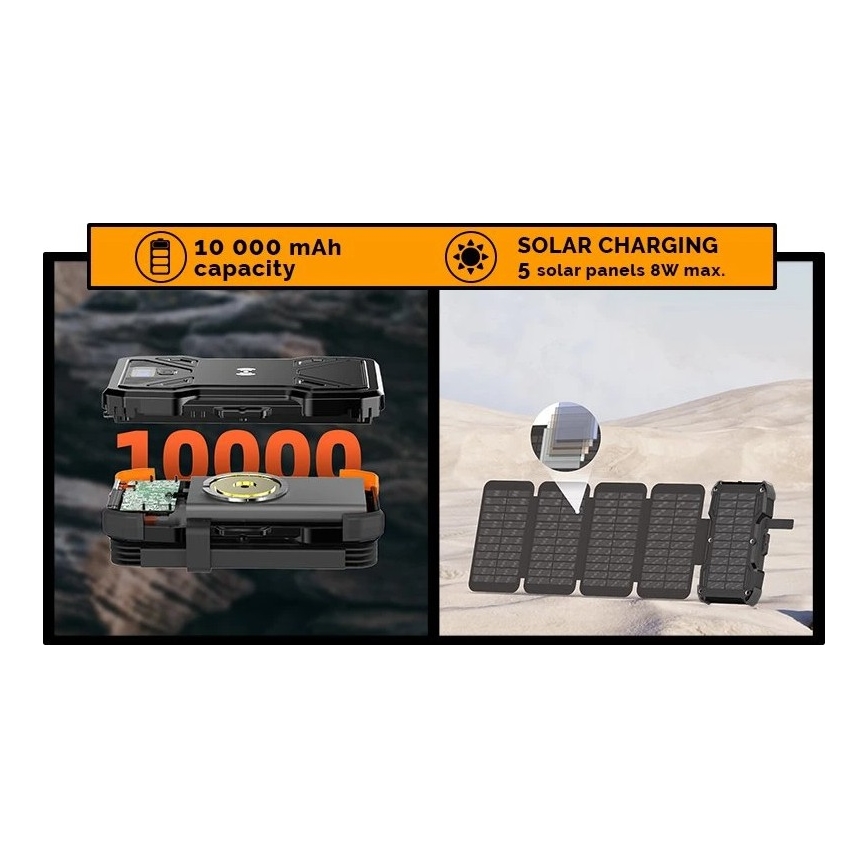 Viking - Power Bank s LED svítilnou, bezdrátovým nabíjením a solárním panelem Power Delivery 22,5W/10000 mAh