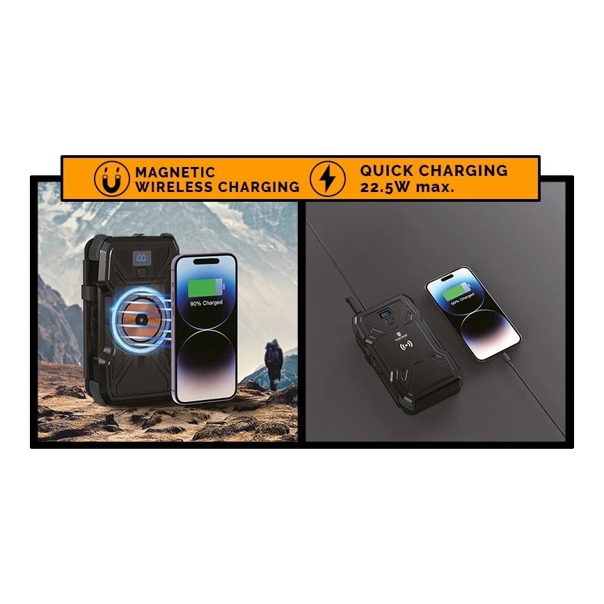 Viking - Power Bank s LED svítilnou, bezdrátovým nabíjením a solárním panelem Power Delivery 22,5W/10000 mAh