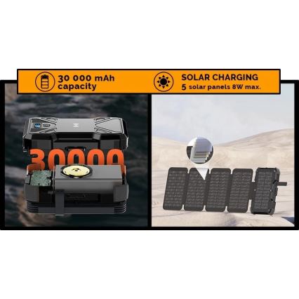 Viking - Power Bank s LED svítilnou, bezdrátovým nabíjením a solárním panelem Power Delivery 22,5W/30000 mAh