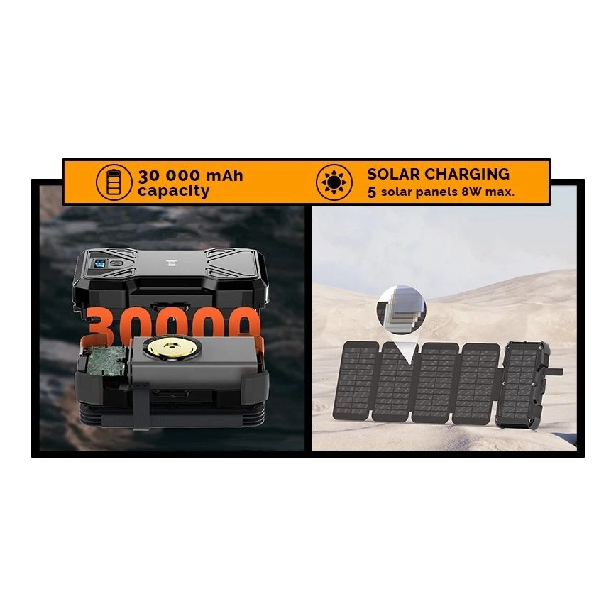 Viking - Power Bank s LED svítilnou, bezdrátovým nabíjením a solárním panelem Power Delivery 22,5W/30000 mAh