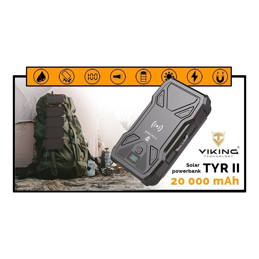 Viking - Power Bank s LED svítilnou, bezdrátovým nabíjením a solárním panelem Power Delivery 22,5W/20000 mAh