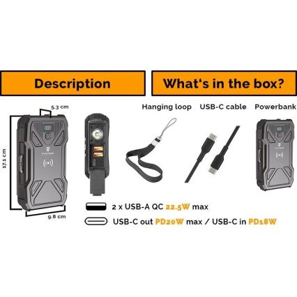 Viking - Power Bank s LED svítilnou, bezdrátovým nabíjením a solárním panelem Power Delivery 22,5W/20000 mAh