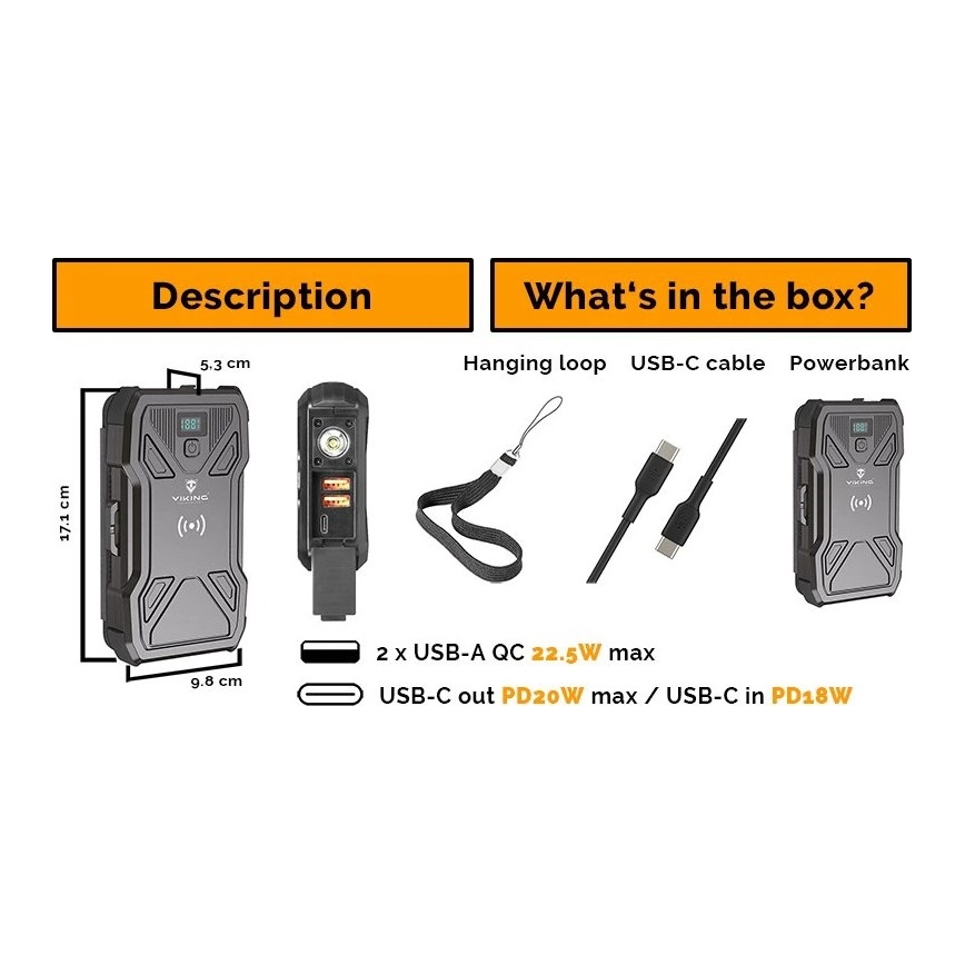 Viking - Power Bank s LED svítilnou, bezdrátovým nabíjením a solárním panelem Power Delivery 22,5W/20000 mAh