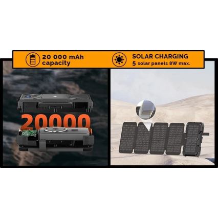 Viking - Power Bank s LED svítilnou, bezdrátovým nabíjením a solárním panelem Power Delivery 22,5W/20000 mAh