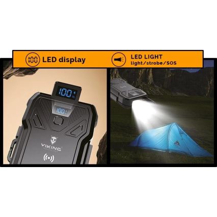 Viking - Power Bank s LED svítilnou, bezdrátovým nabíjením a solárním panelem Power Delivery 22,5W/20000 mAh