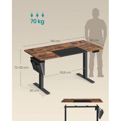 Výškově nastavitelný psací stůl SOLEA-X 140x60 cm hnědá/černá