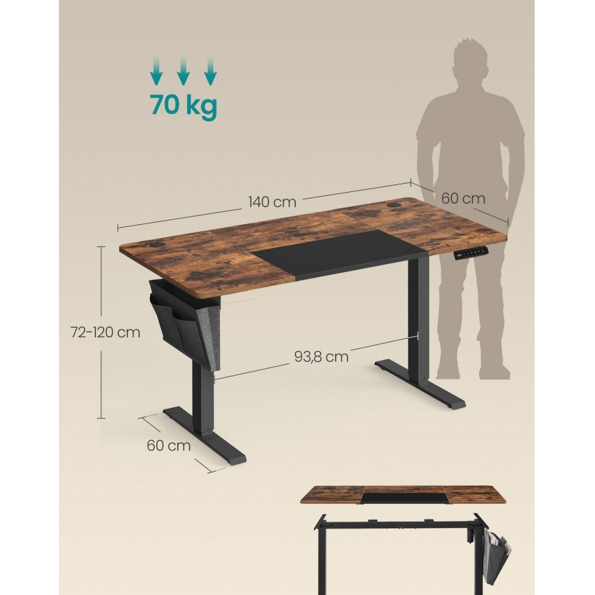 Výškově nastavitelný psací stůl SOLEA-X 140x60 cm hnědá/černá