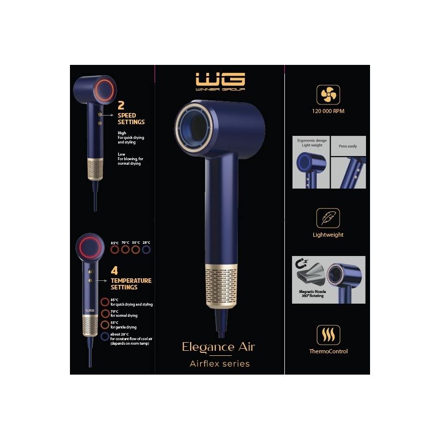 Winner Group - Fén s ionizátorem Elegance Air 1600W/230V modrá SCHUKO