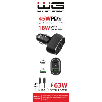 Winner Group - Nabíječka do auta 1xUSB-C + 1xUSB-A Power Delivery 63W + USB kabel USB-C / USB-C 1 m černá