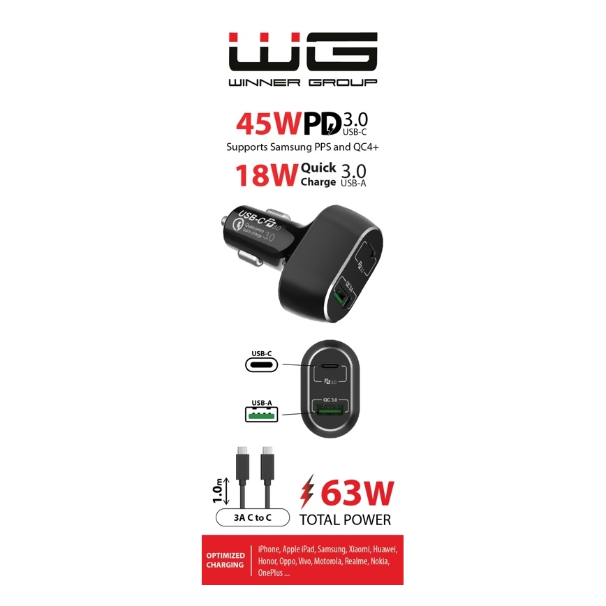Winner Group - Nabíječka do auta 1xUSB-C + 1xUSB-A Power Delivery 63W + USB kabel USB-C / USB-C 1 m černá