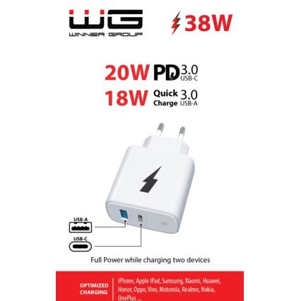 Winner Group - Rychlonabíjecí adaptér 1xUSB-C + 1xUSB-A Power Delivery 38W bílá