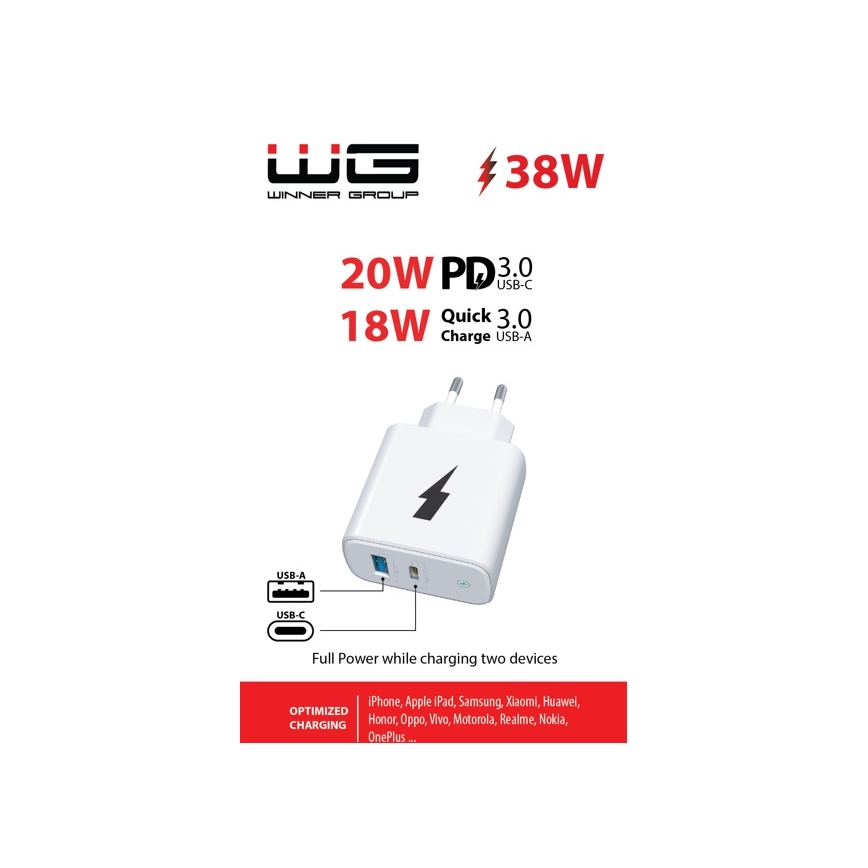 Winner Group - Rychlonabíjecí adaptér 1xUSB-C + 1xUSB-A Power Delivery 38W bílá