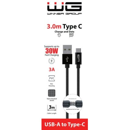 Winner Group - USB kabel USB-C / USB-A 30W 3m černá
