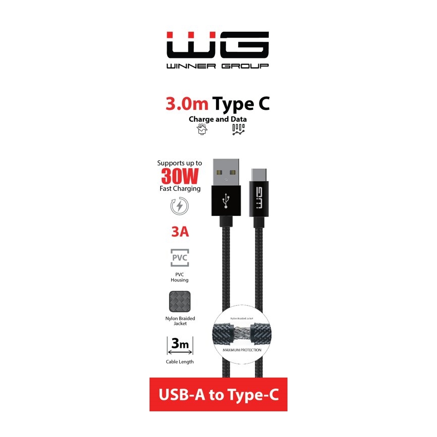Winner Group - USB kabel USB-C / USB-A 30W 3m černá