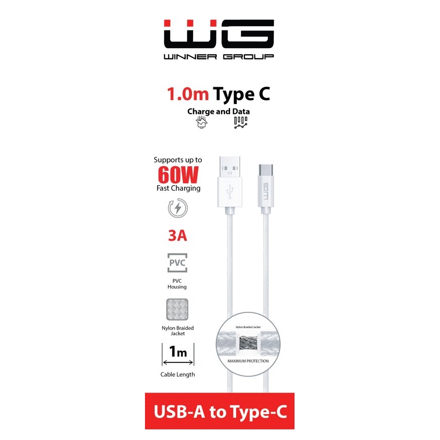 Winner Group - USB kabel USB-C / USB-A 60W 1m bílá