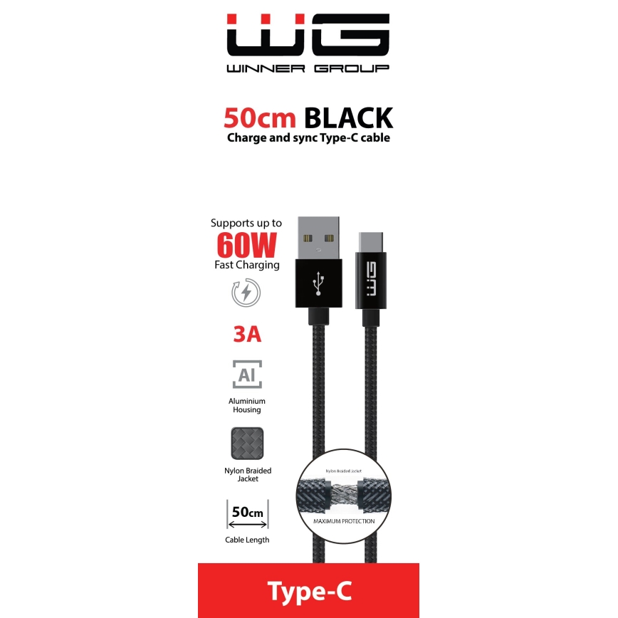 Winner Group - USB kabel USB-C / USB-A 60W 50cm černá