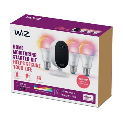 WiZ - Sada pro monitorování domácnosti: 1x kamera + 3x LED RGB žárovka A60 E27/8,5W/230V Wi-Fi