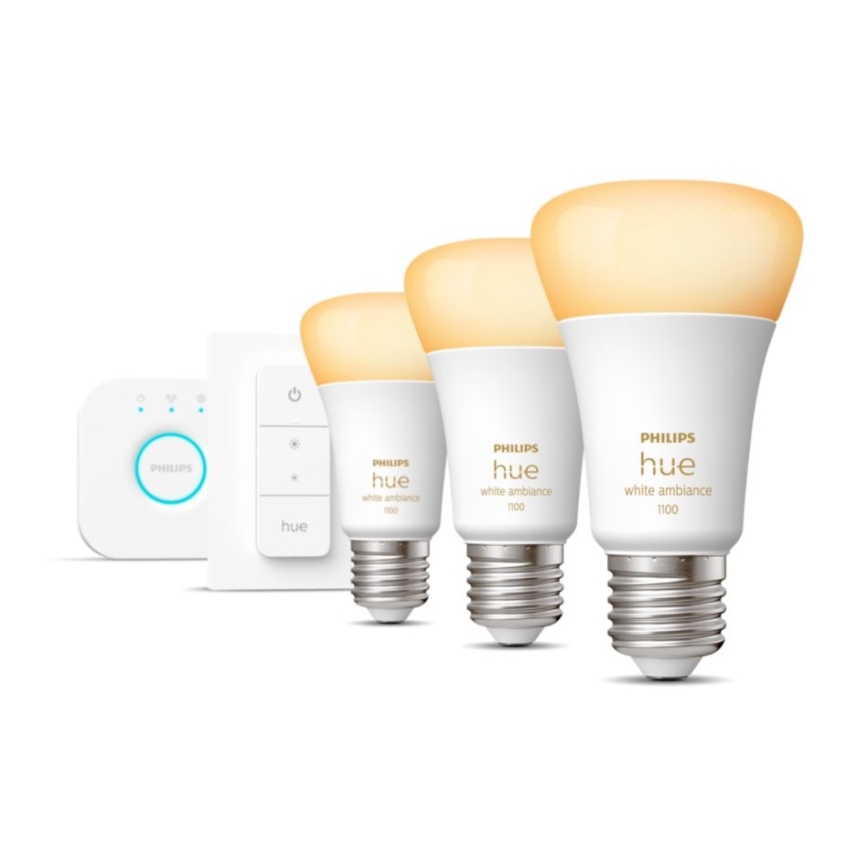 Základní sada Philips Hue White Ambiance 3xE27/11W 2200-6500K + Hue bridge a dimmer switch