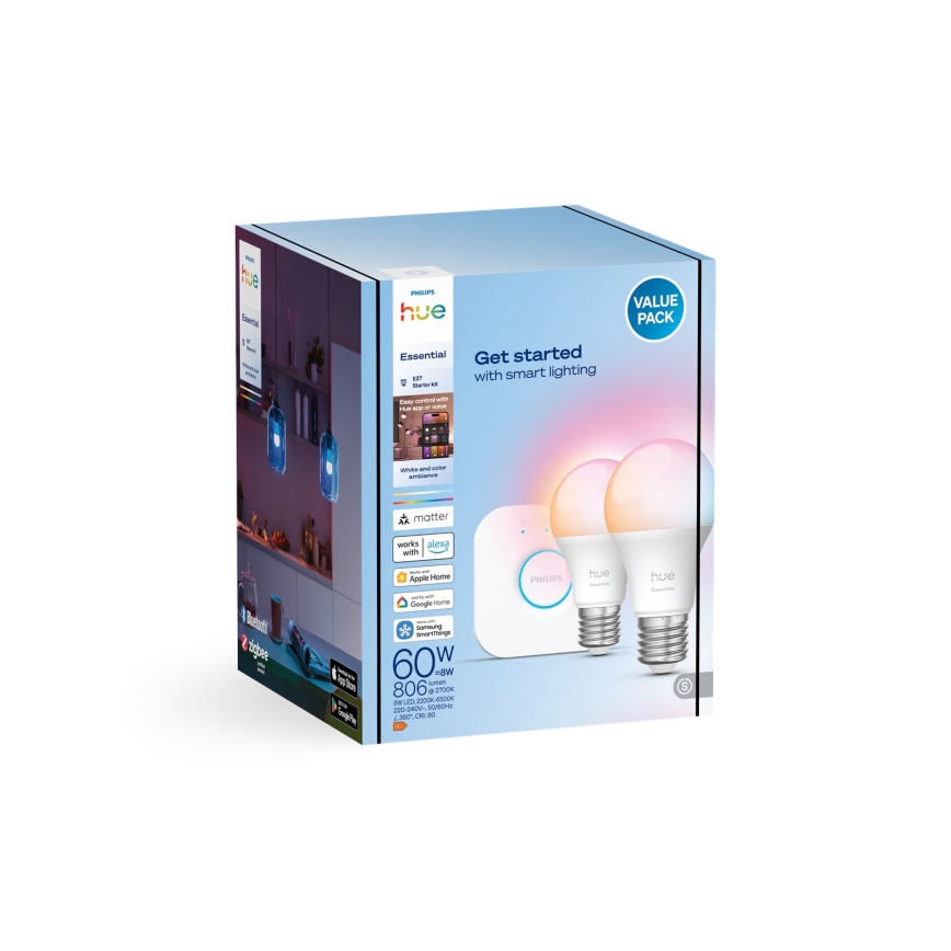 Základní sada Philips Hue White And Color Ambiance Essential 2xE27/8W/230V 2200-6500K + zařízení k propojení