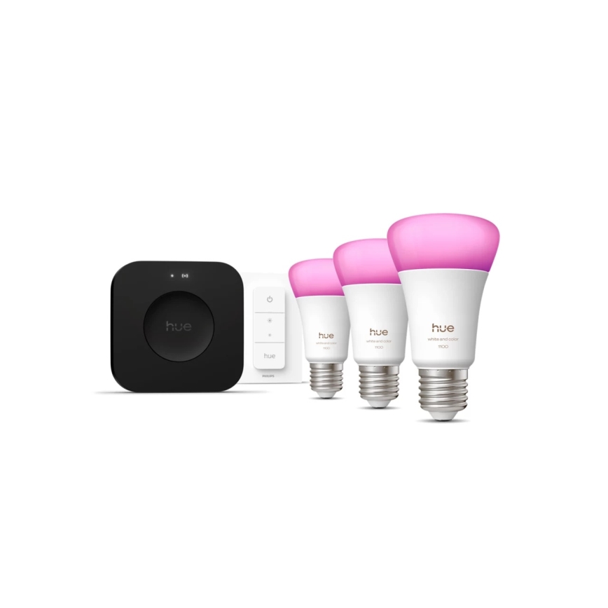 Základní sada Philips Hue WHITE AND COLOR AMBIANCE 3xE27/8,1W 1000-20000K + Hue bridge a dimmer switch