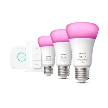 Základní sada Philips Hue WHITE AND COLOR AMBIANCE 3xE27/9W 2000-6500K + Hue bridge a dimmer switch