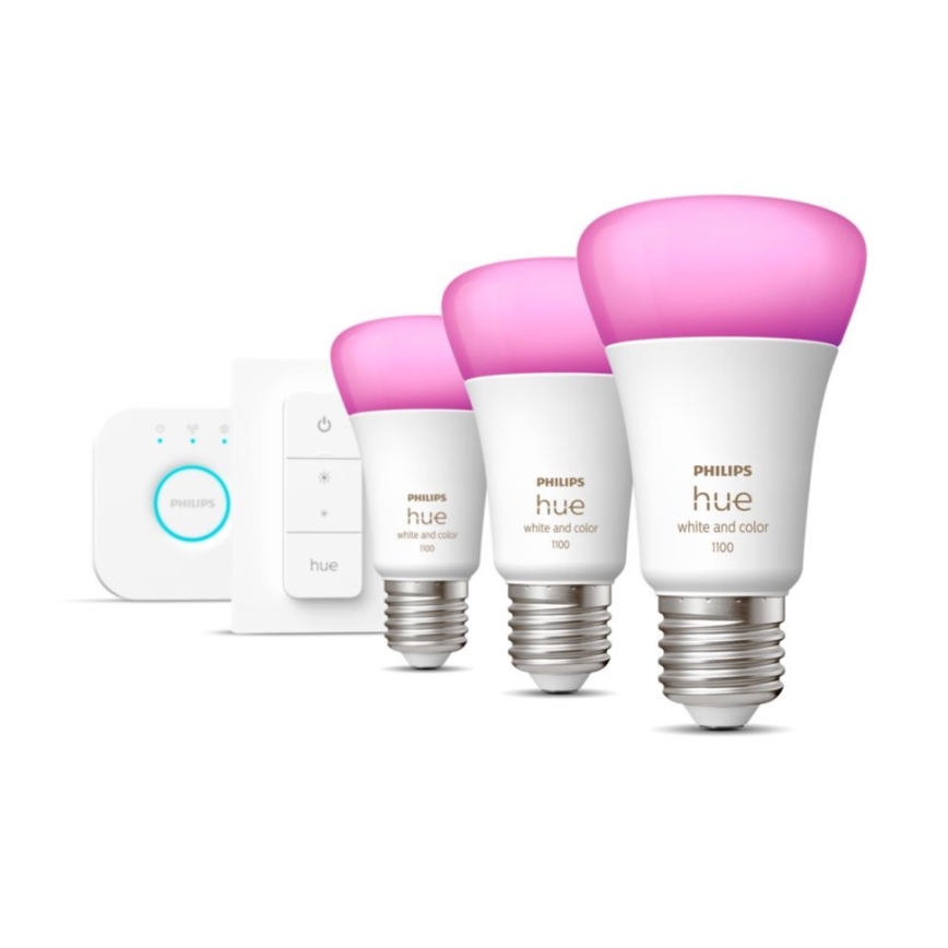 Základní sada Philips Hue WHITE AND COLOR AMBIANCE 3xE27/9W 2000-6500K + Hue bridge a dimmer switch