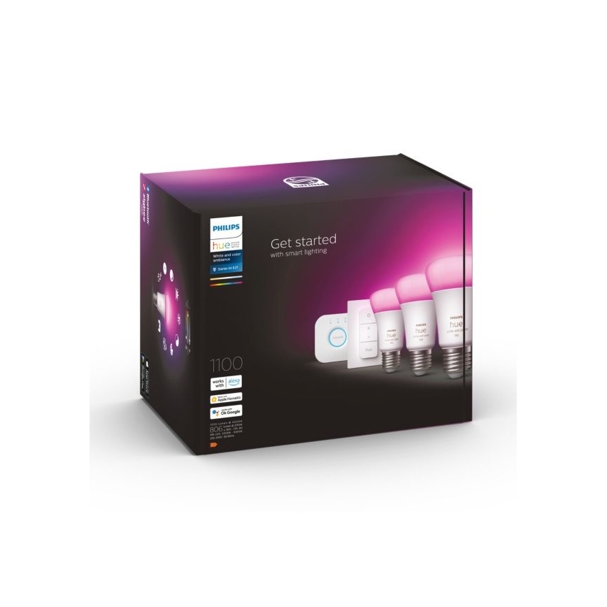 Základní sada Philips Hue WHITE AND COLOR AMBIANCE 3xE27/9W 2000-6500K + Hue bridge a dimmer switch