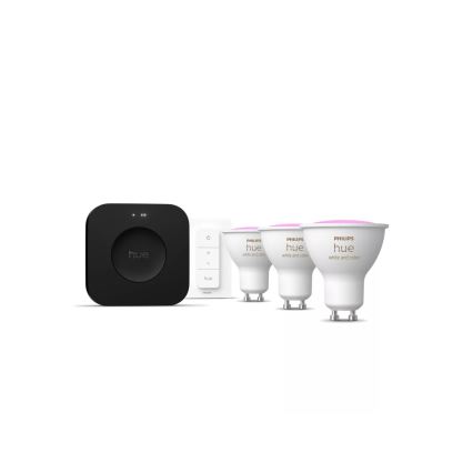 Základní sada Philips Hue WHITE AND COLOR AMBIANCE 3xGU10/4,2W 2000-6500K + Hue bridge a dimmer switch