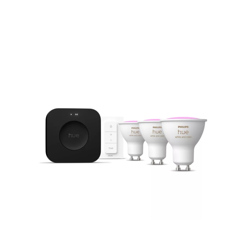 Základní sada Philips Hue WHITE AND COLOR AMBIANCE 3xGU10/4,2W 2000-6500K + Hue bridge a dimmer switch