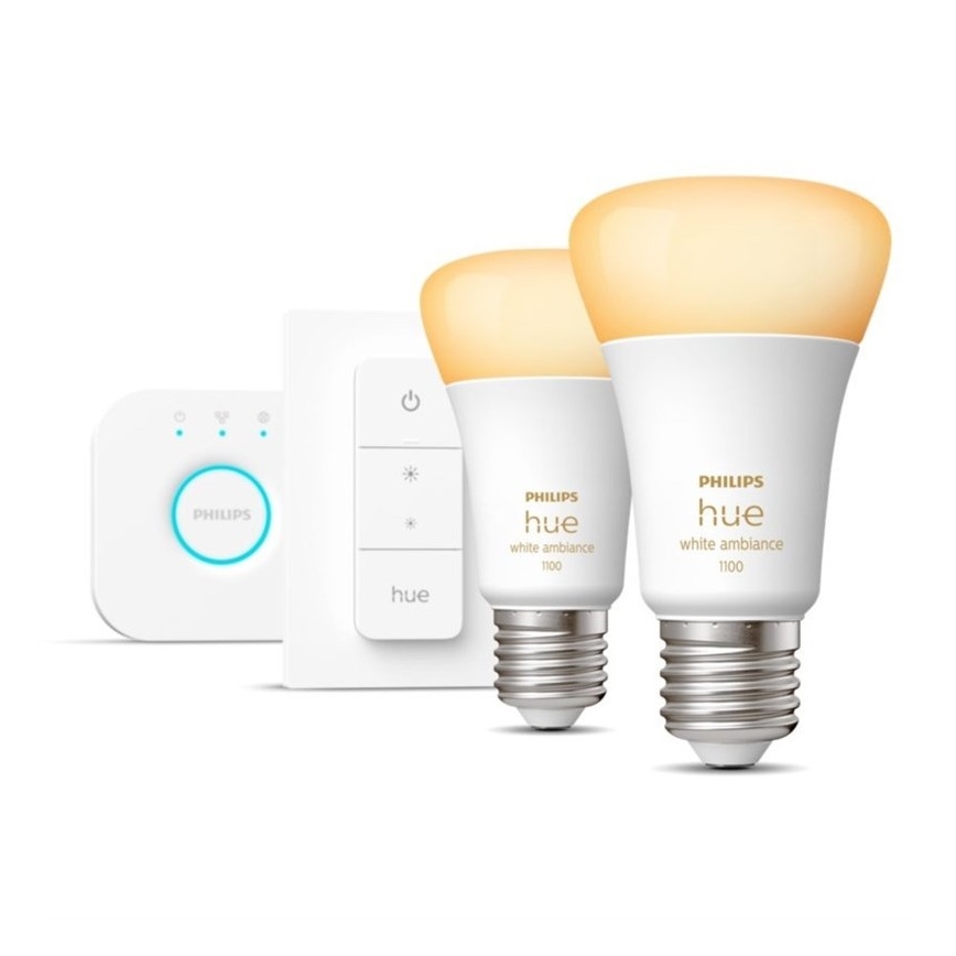 Základní sada Philips Hue WHITE AMBIANCE 2xE27/8W/230V + Hue bridge a dimmer switch