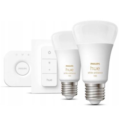 Základní sada Philips Hue WHITE AMBIANCE 2xE27/8W/230V + Hue bridge a dimmer switch