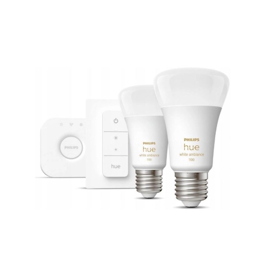 Základní sada Philips Hue WHITE AMBIANCE 2xE27/8W/230V + Hue bridge a dimmer switch